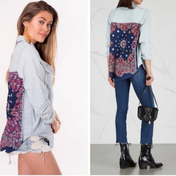 Free People Bandana Bandit Printed & Embroidered Button Down Size S - Picture 16 of 16